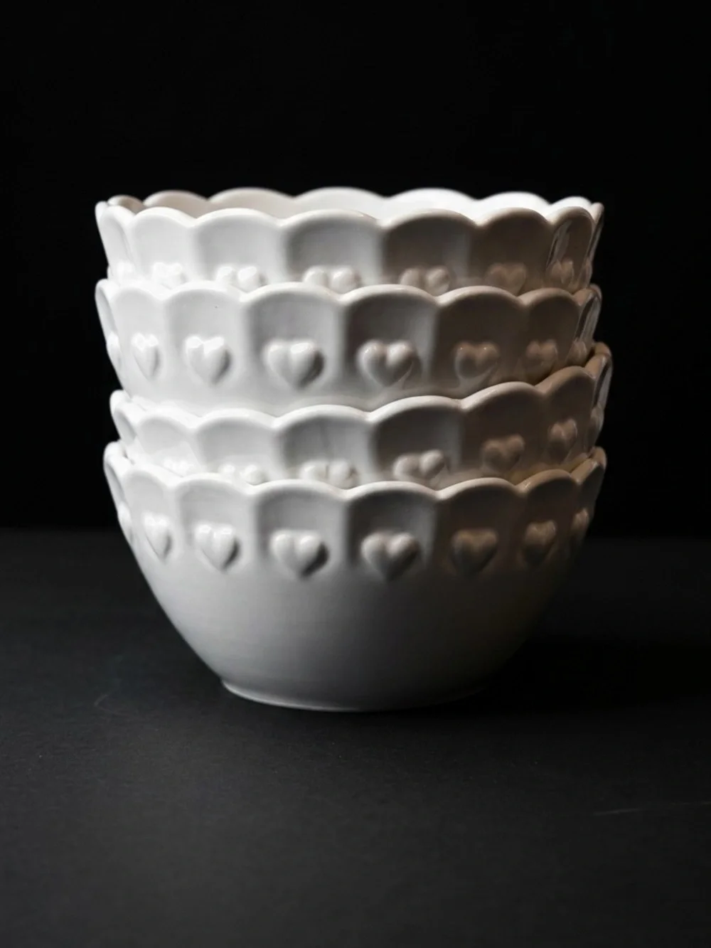 Mellow & Mod White Heart Scalloped Ceramic Bowl Set of 4 Coquette Cottagecore